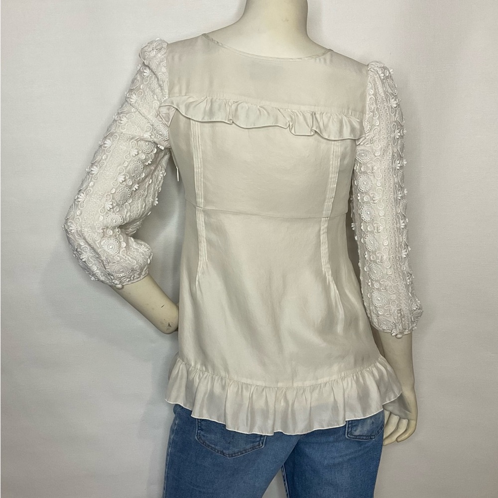 Ivory 100% Silk Juicy Couture Ruffle Lace Babydoll Blouse Size 6 - Picture 3 of 8